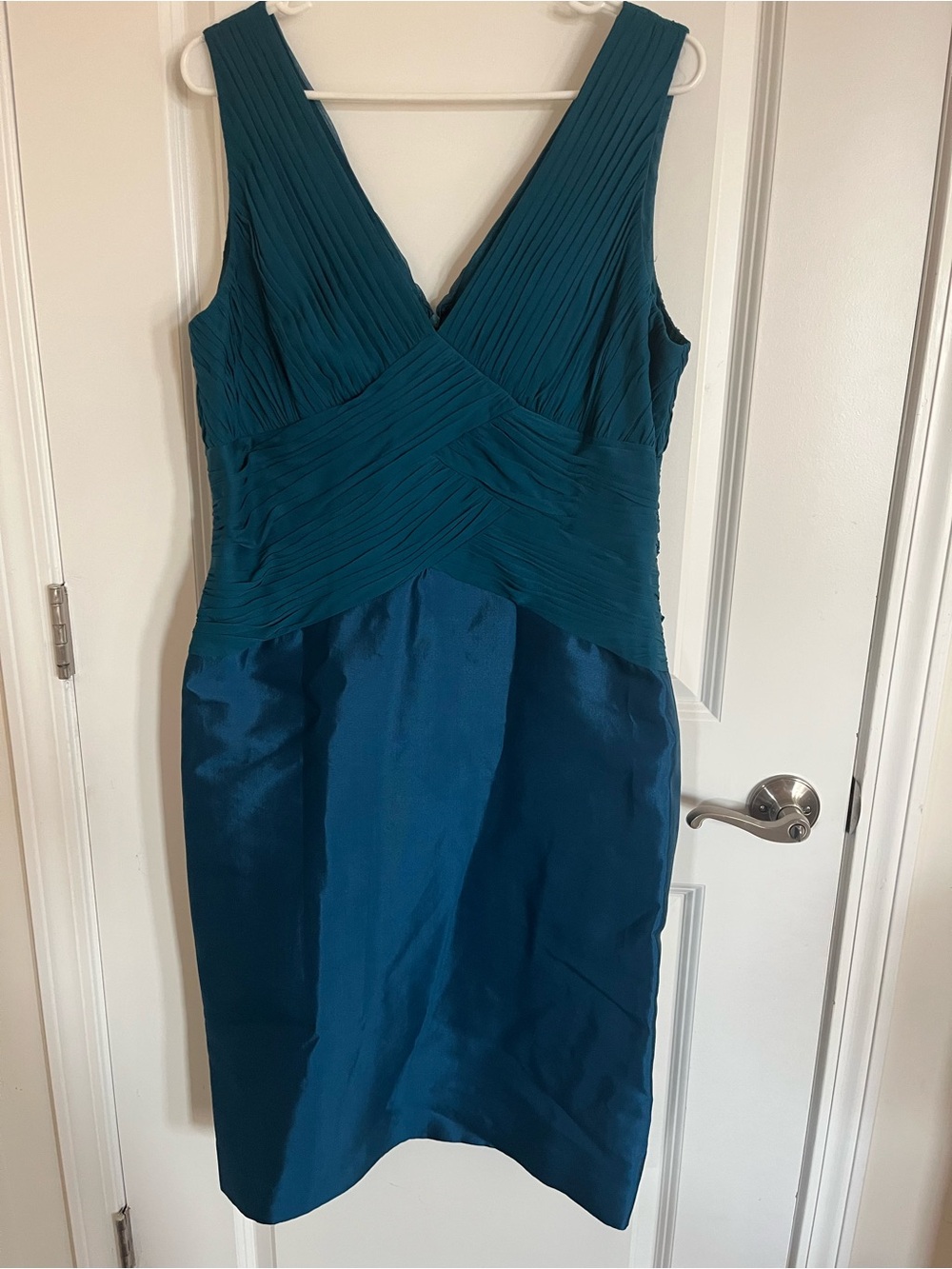 NWT Talbots Silk Teal Pleated V-Neck Midi Dress Knee Length Size 16 fully lined